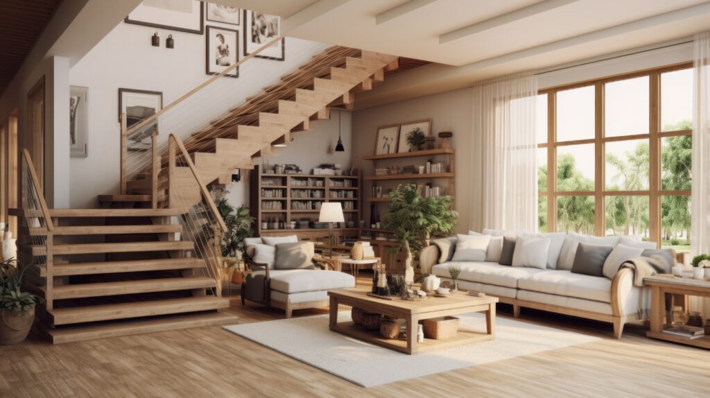 Brown laminate flooring in a open concept living room with stairs by Select Floors in Marietta, GA | Select Floors