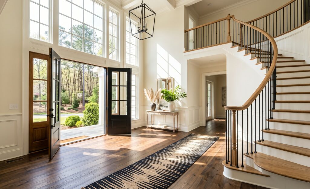 hardwood flooring in foyer of two-story home with bright light