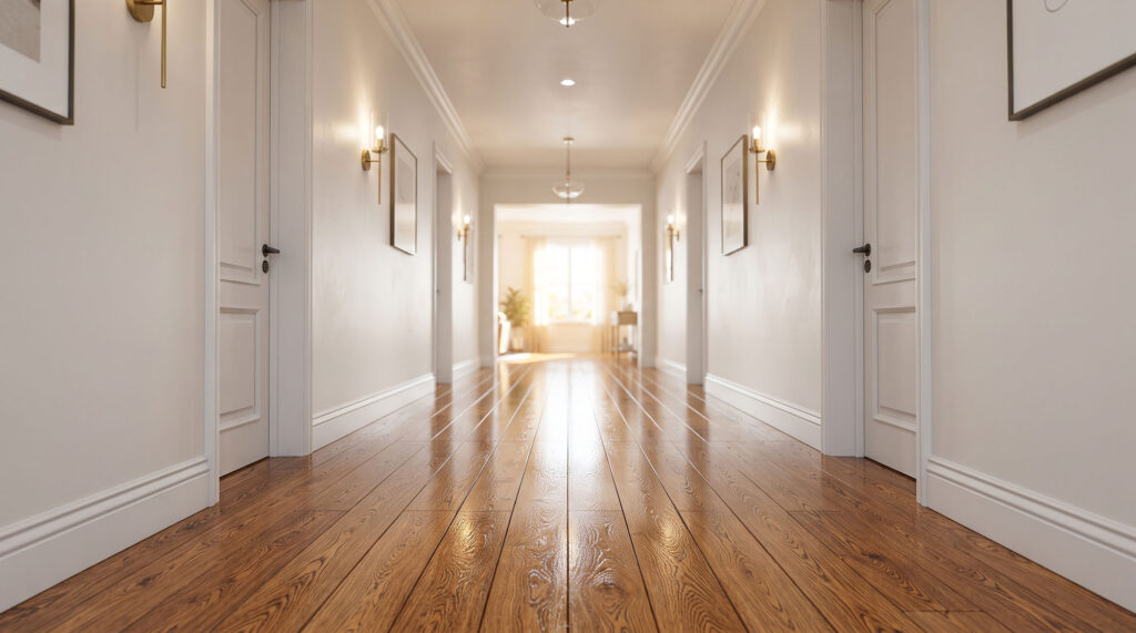 hardwood flooring installed in a long hallway
