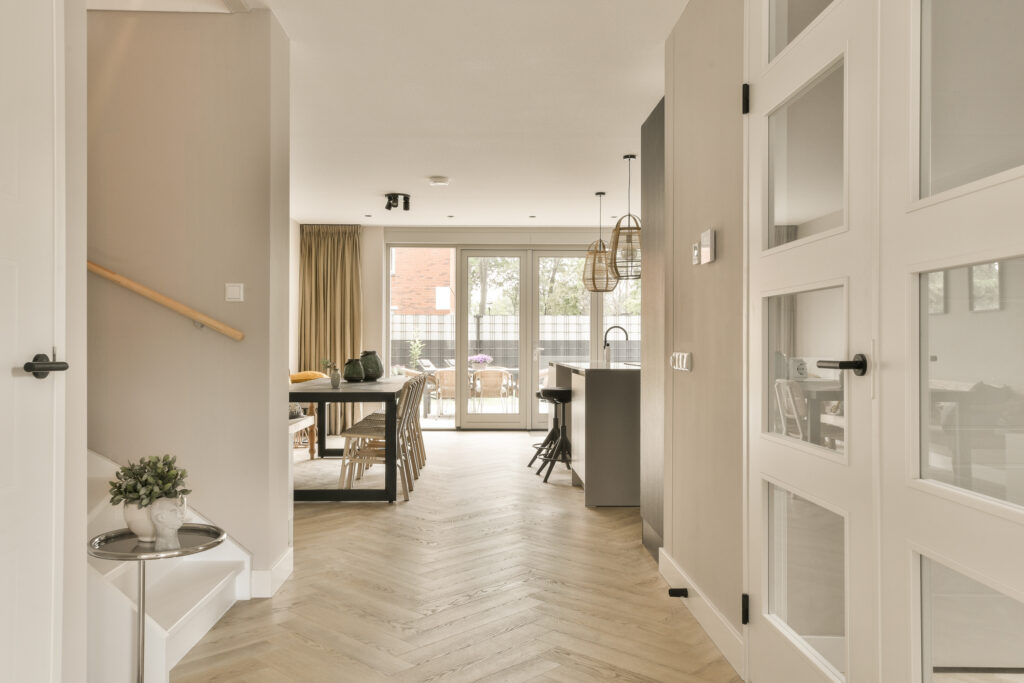 white oak chevron hardwood flooring in a home