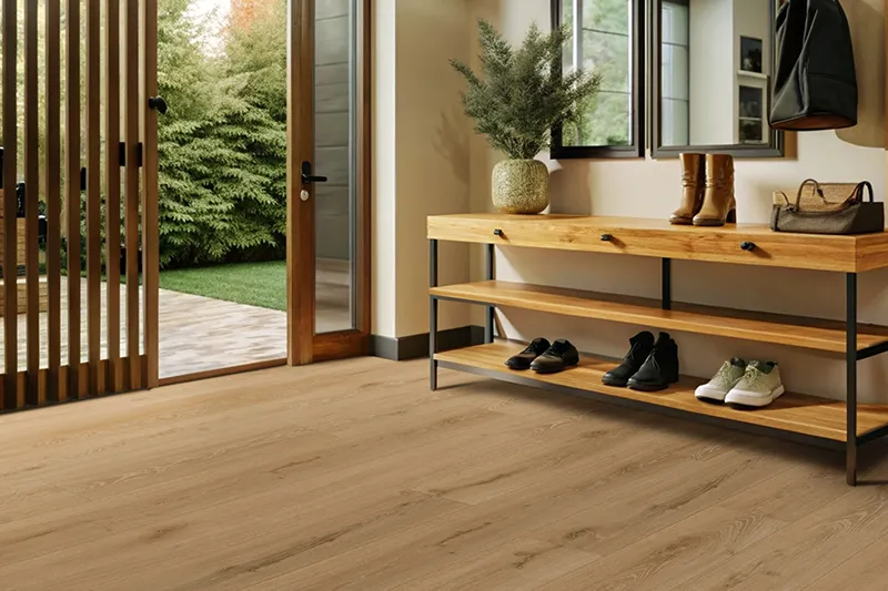 Vinyl-Pool-Access Backdoor entry with sliding door and vinyl flooring with spot for shoes.